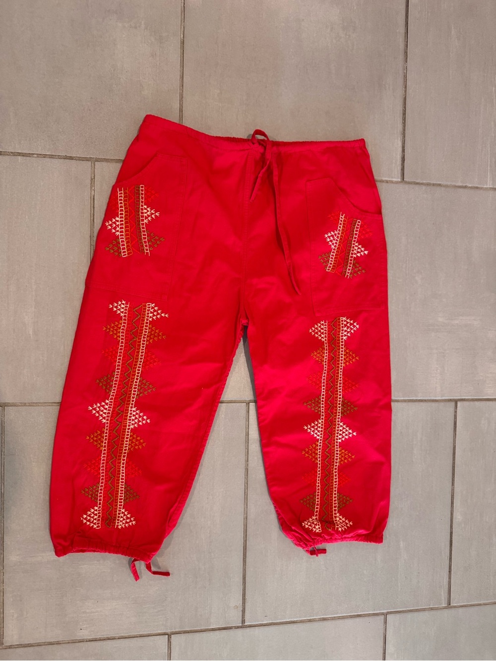 Red Embroidered Drawstring Bottoms